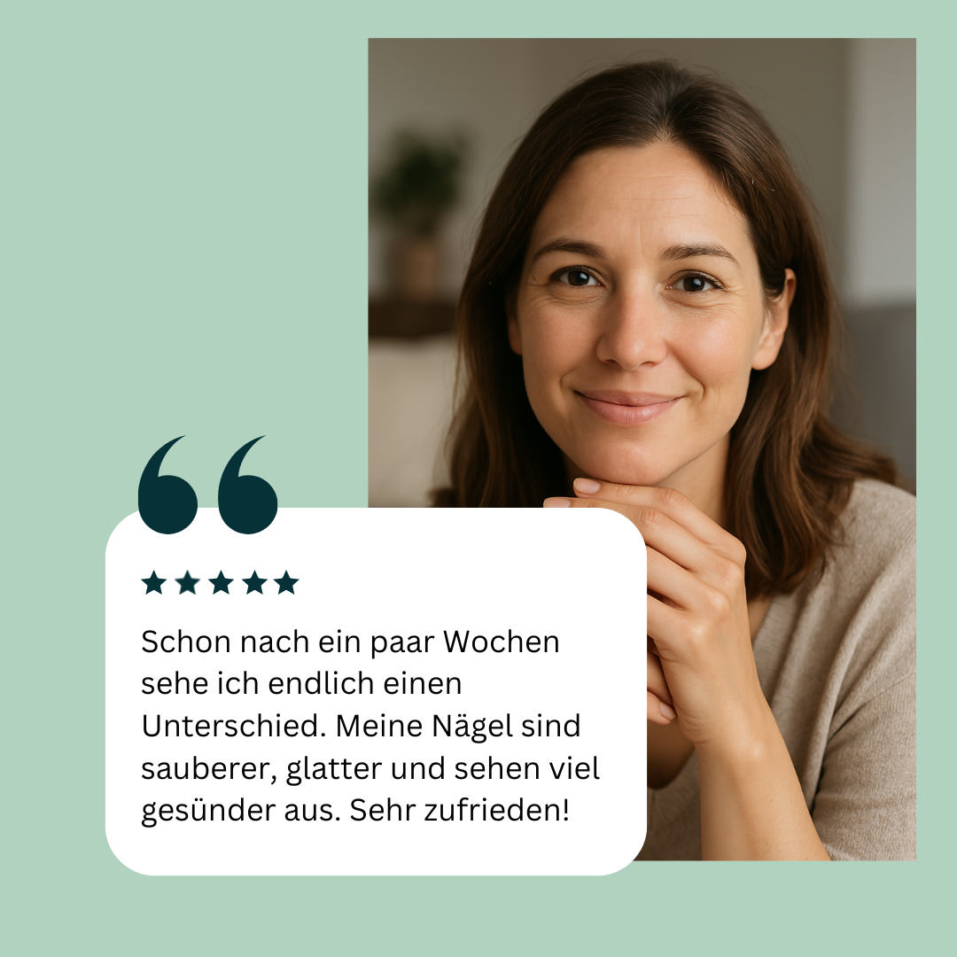Zufriedene Kundin berichtet über sichtbare Ergebnisse mit Flunail® Nagelpflege Stift: saubere, glatte und gesündere Nägel nach wenigen Wochen Anwendung
