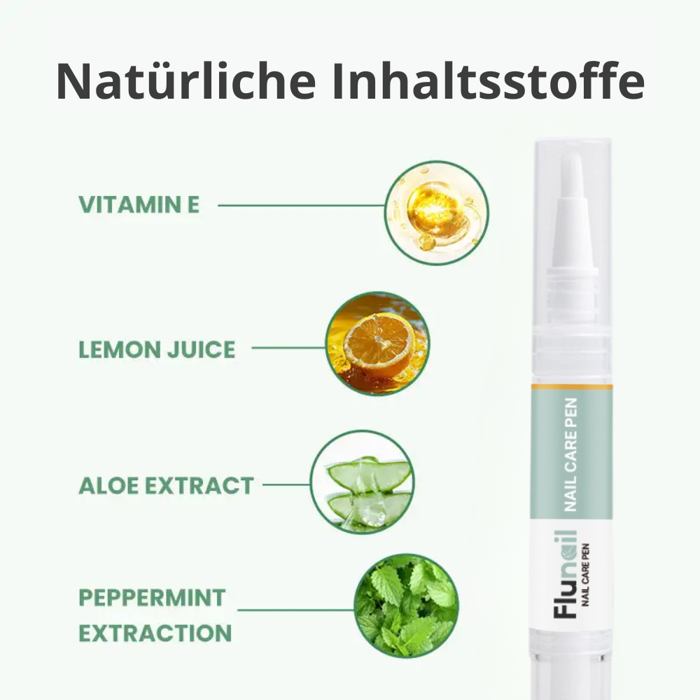 Flunail® Nagelpflege Pen mit natürlichen Inhaltsstoffen: Vitamin E, Zitronensaft, Aloe-Extrakt und Pfefferminzextrakt – wirksam gegen Nagelpilz
